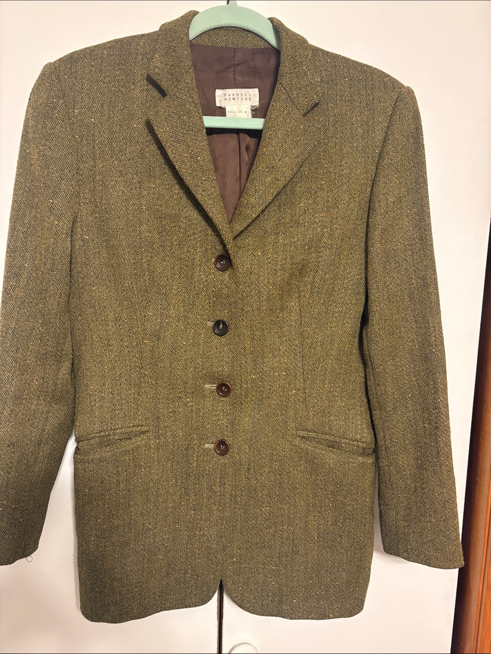 Vintage Barneys New York Tweed Blazer Olive Green 100% Wool made in Italy